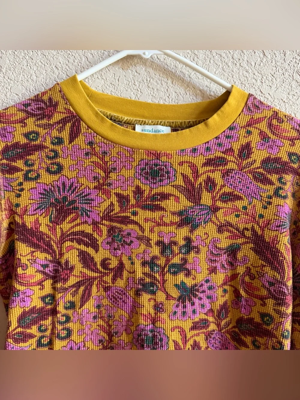 Sundance Roseanne Thermal Top Floral Waffle Knit Top Ochre Yellow Petite Small
